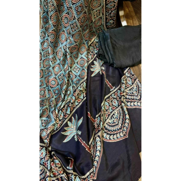 Midnight Onyx Gajji Silk Suit with Hand-Block Ajrakh