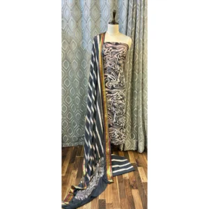 Obsidian Swirl Cotton Suit with Striped Resham Mal Dupatta