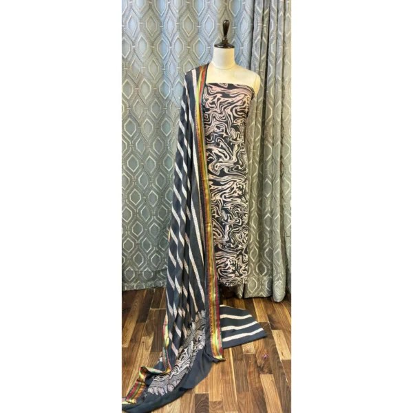 Obsidian Swirl Cotton Suit with Striped Resham Mal Dupatta
