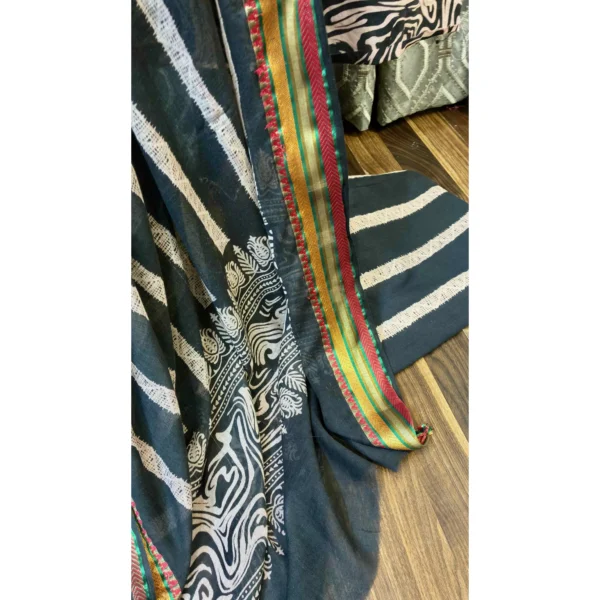 Obsidian Swirl Cotton Suit with Striped Resham Mal Dupatta