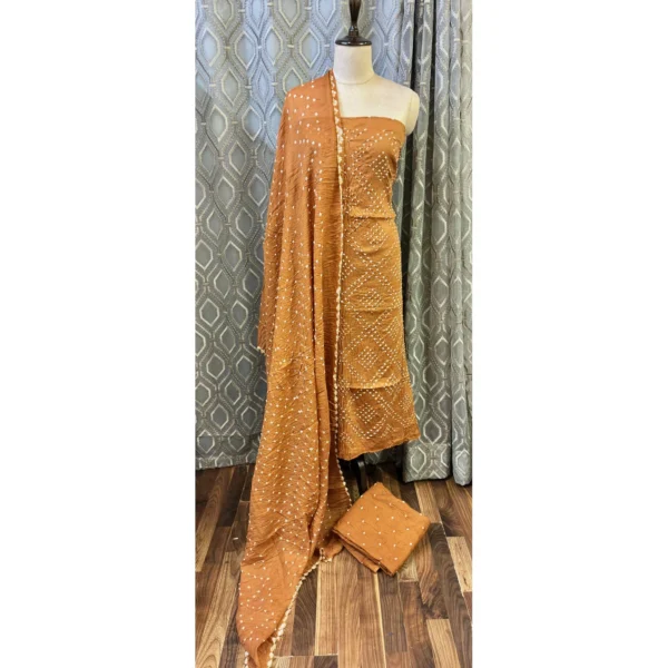 Ochre Sunset Cotton Satin Suit with Shibori-Hemmed Mal Dupatta