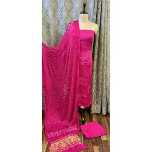 Rose Quartz Cotton Gajji Silk Suit with Mor Pankhi Bandhani