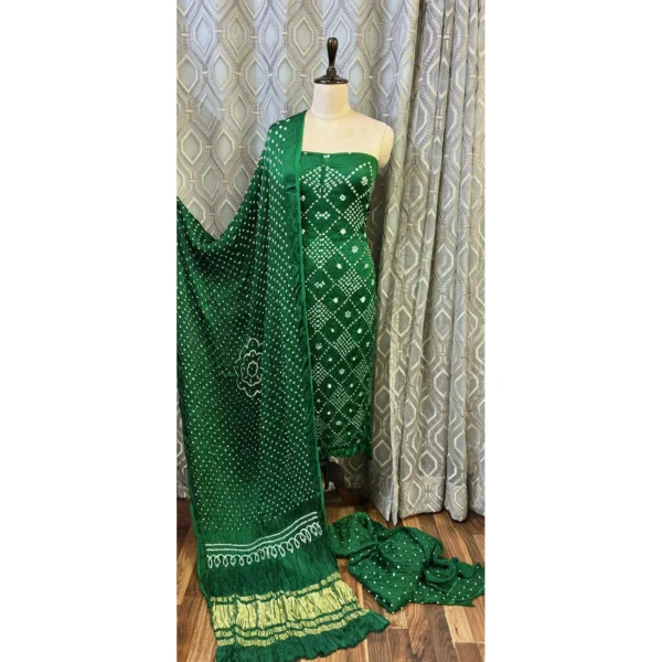 Verdant Forest Cotton Gajji Silk Suit with Hand-Tied Bandhani