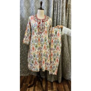 Rainbow Mist Satin Suit with Hand-Embroidered Neckline