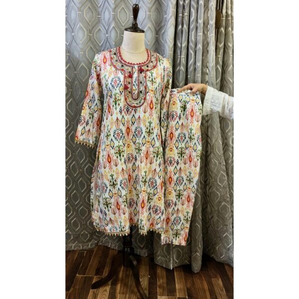 Rainbow Mist Satin Suit with Hand-Embroidered Neckline