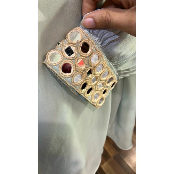 Powder Blue Chinon Dhoti Set with Mirror & Moti Artistry