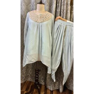 Powder Blue Chinon Dhoti Set with Mirror & Moti Artistry