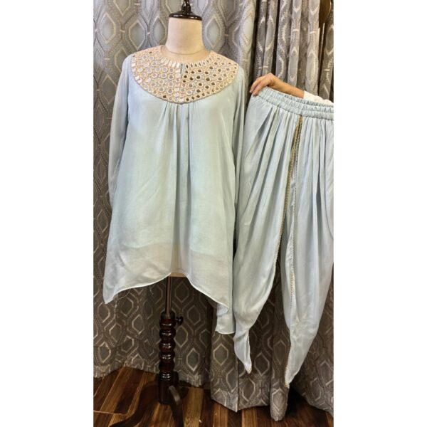 Powder Blue Chinon Dhoti Set with Mirror & Moti Artistry